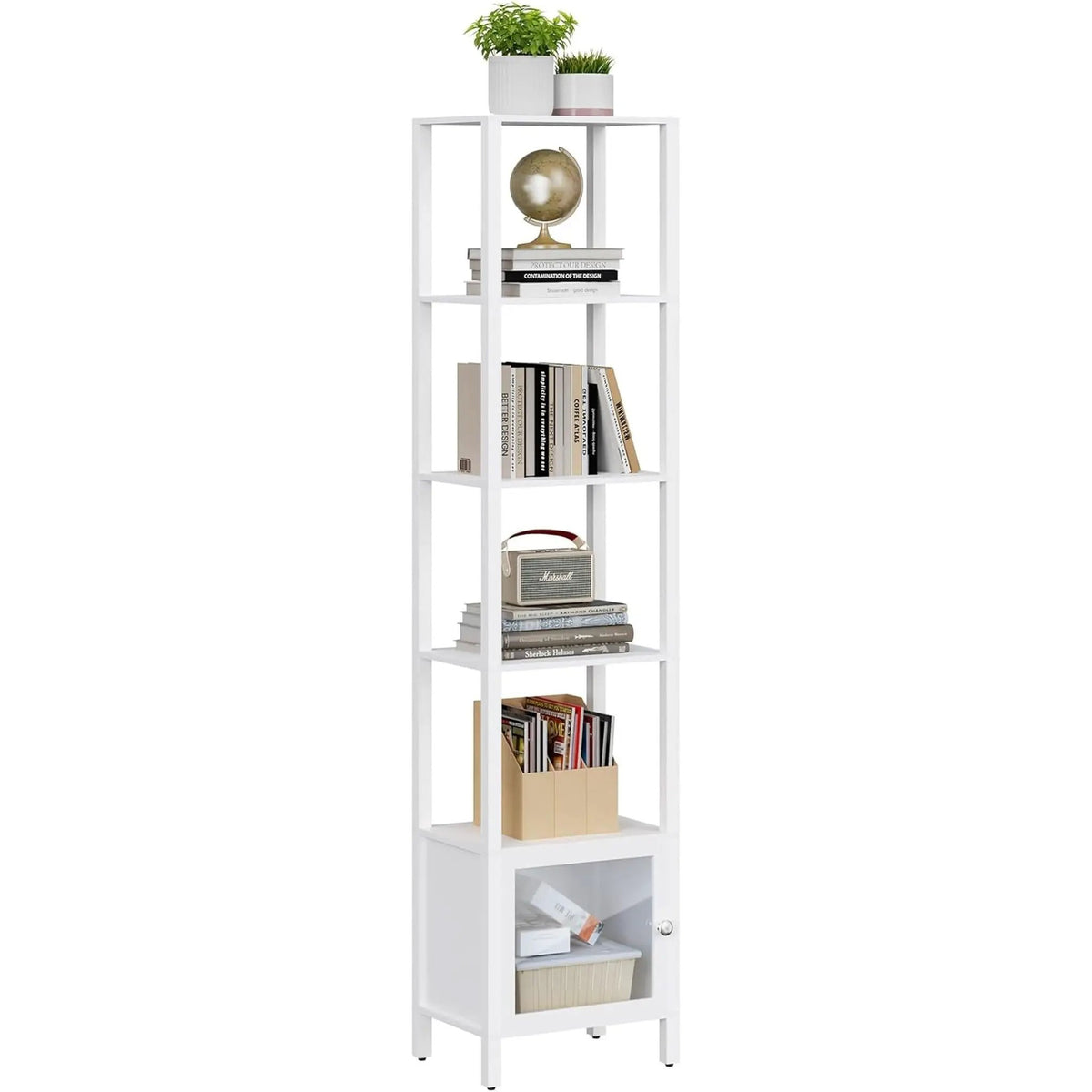 White 6-Tier Narrow Bookshelf With Door For Small Space from PriceLows™
