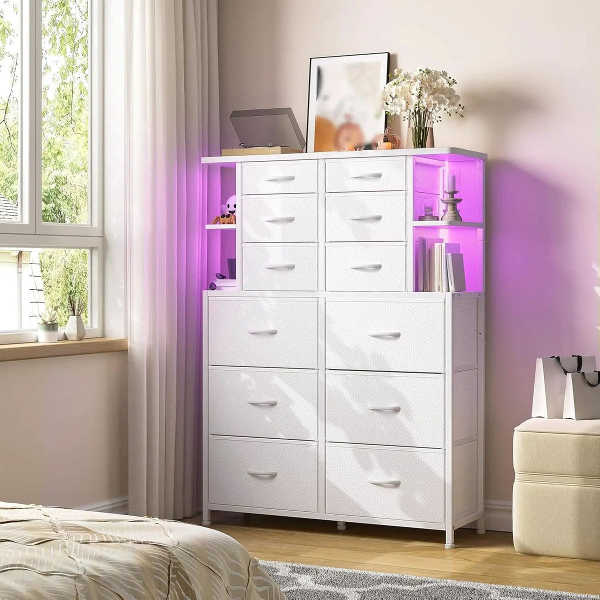 White Bedroom Dresser With LED Lights And 12 Deep Drawers from PriceLows™