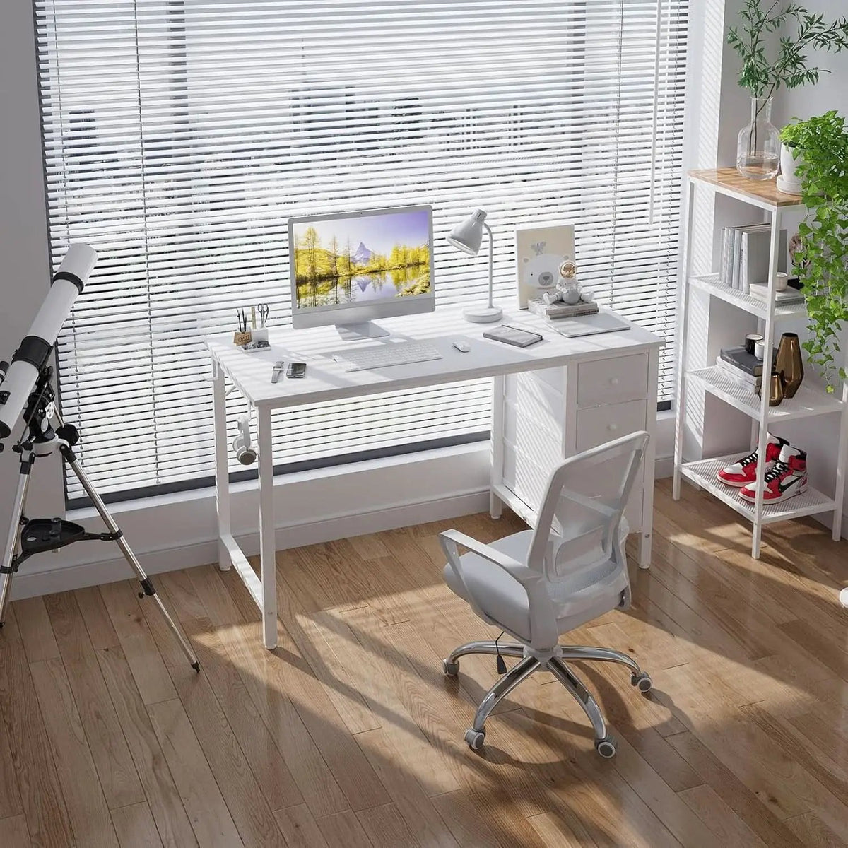 White Computer Desk With Fabric Drawers 47 Inch Reversible Study Desk from PriceLows™