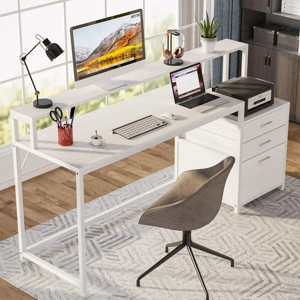 White Computer Desk With File Cabinet And Monitor Stand from PriceLows™