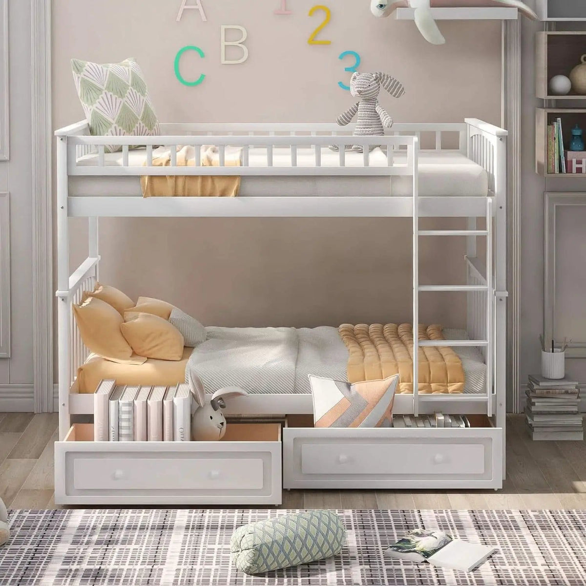 White Convertible Wood Twin Over Twin Bunk Bed With Storage Drawers from PriceLows™