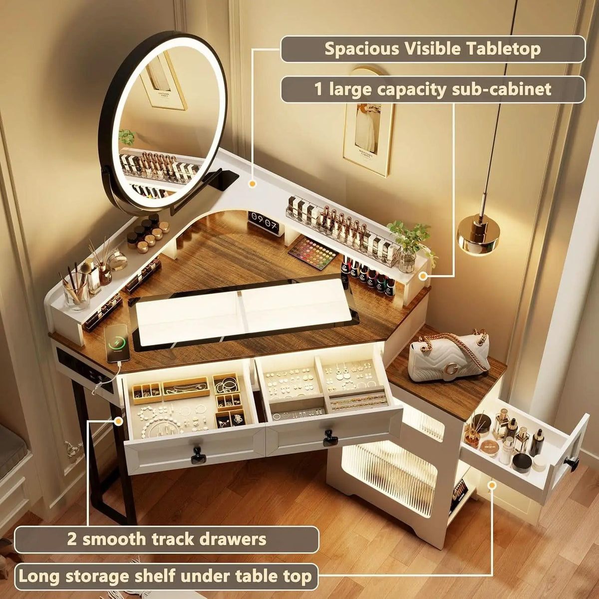 White Corner Vanity Mirror With Built In Charging Station from PriceLows™