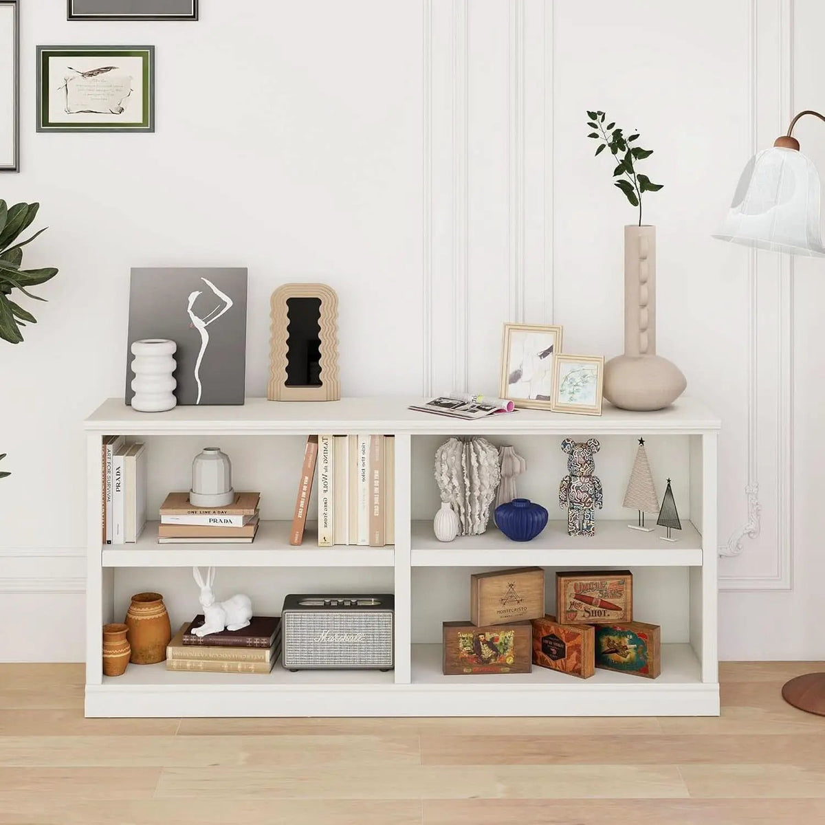 White Double Wide Bookshelf 64 Inch 2 Tier Storage Unit from PriceLows™