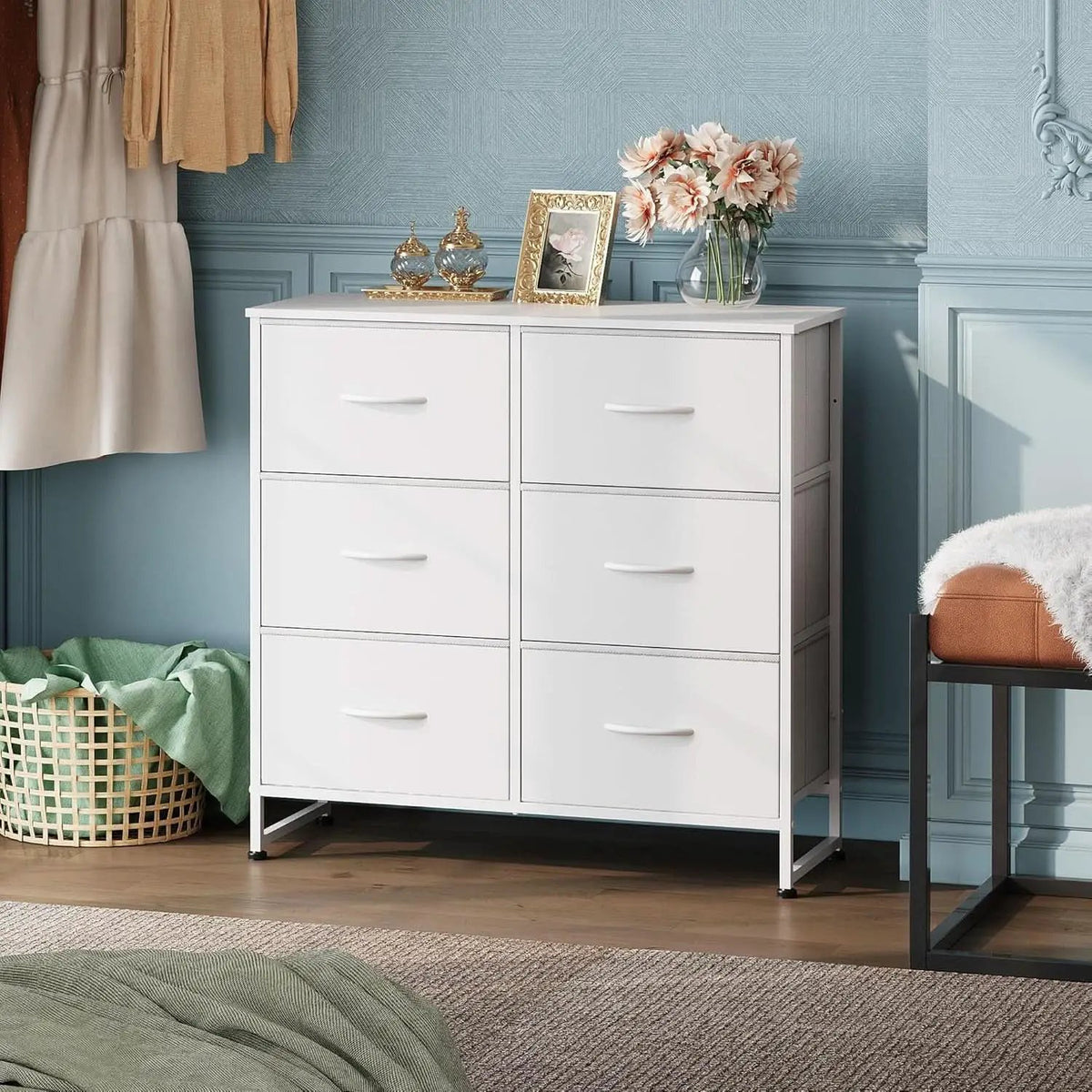 White Fabric Dresser With 6 Drawers And Fabric Bins from PriceLows™