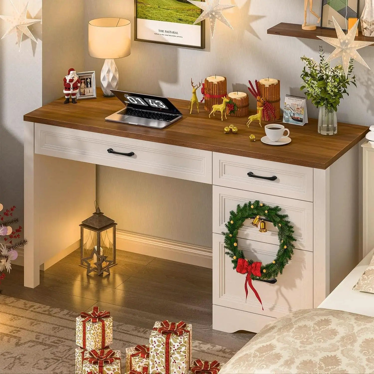 White Farmhouse Executive Desk With Storage And File Drawer from PriceLows™