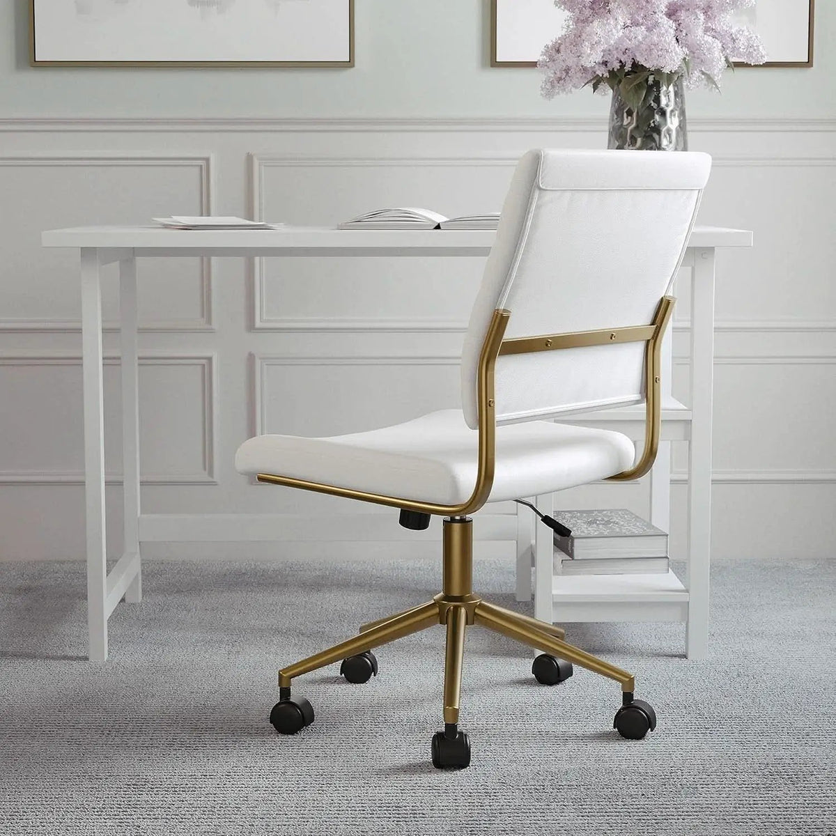White Faux Leather Armless Swivel Chair Brass Frame from PriceLows™