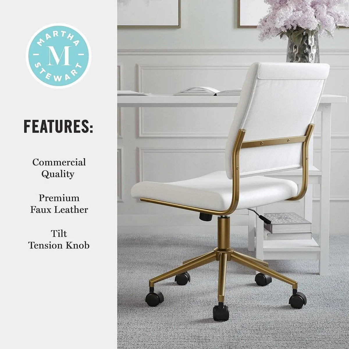 White Faux Leather Armless Swivel Chair Brass Frame from PriceLows™