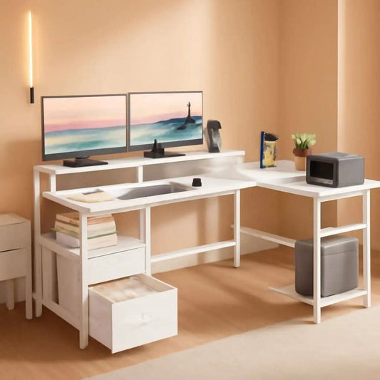 White Fifty Nine Inch L Shaped Desk With Power Outlets from PriceLows™