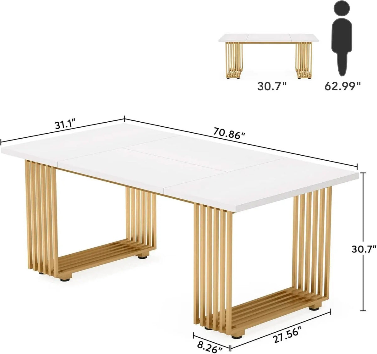 White Gold Wood Dining Table 70 Inch Rectangular For Dining Room from PriceLows™