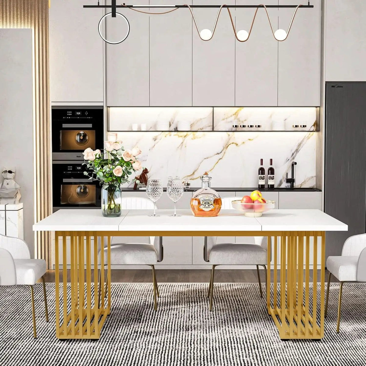White Gold Wood Dining Table 70 Inch Rectangular For Dining Room from PriceLows™