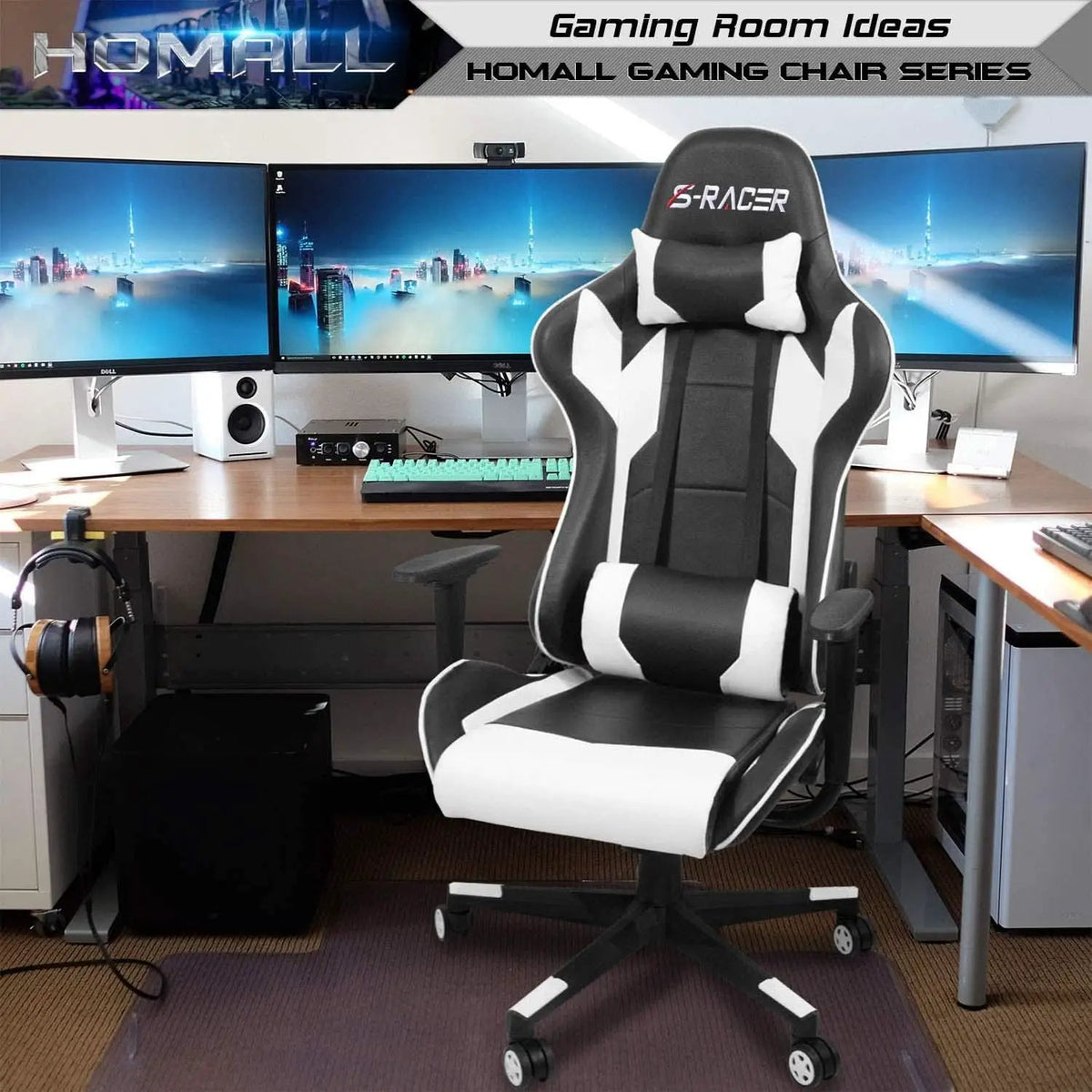 White Leather Ergonomic Gaming Chair With Lumbar Support from PriceLows™