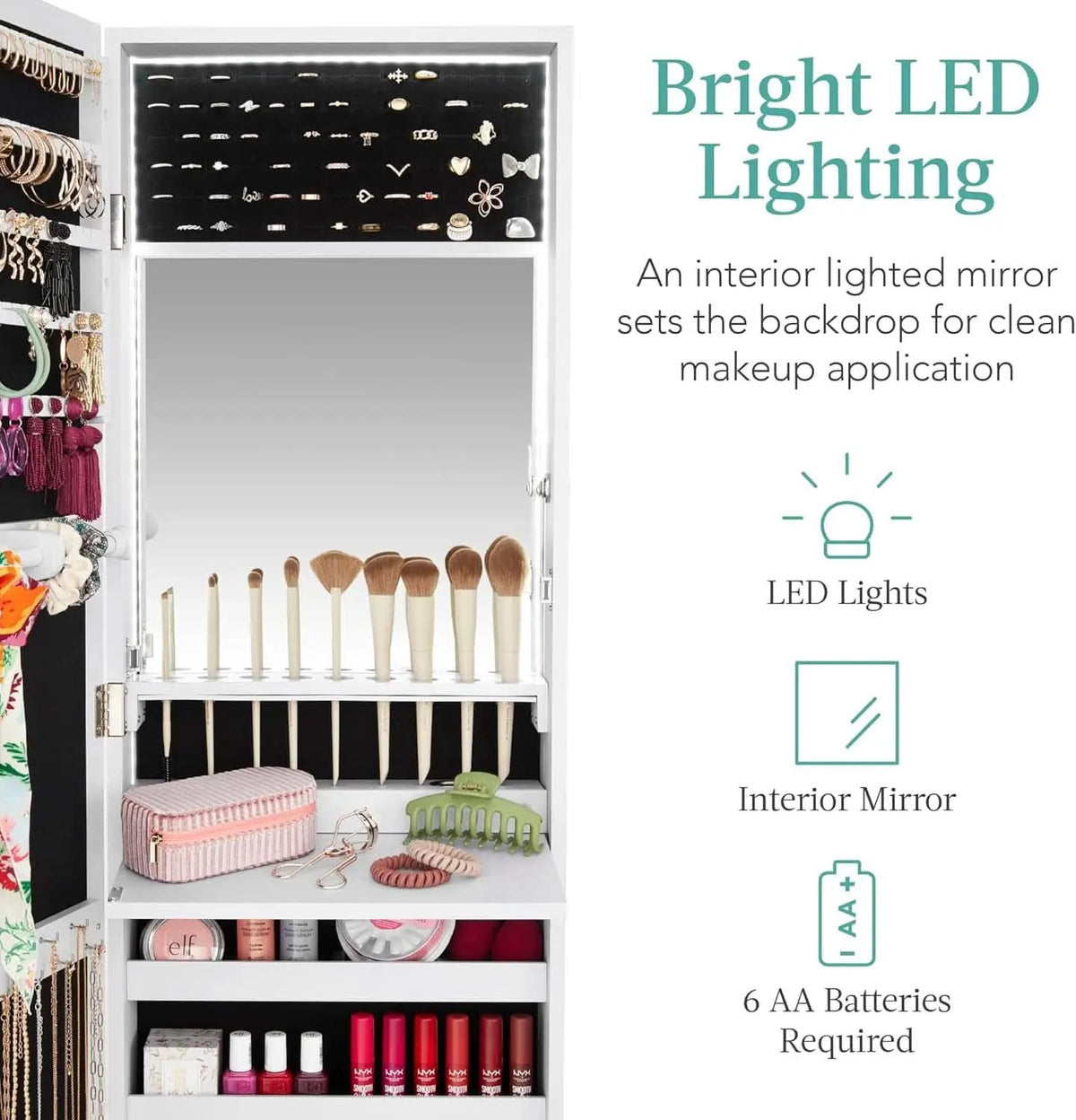 White Led Mirror Jewelry Cabinet With Lock And Drawers from PriceLows™