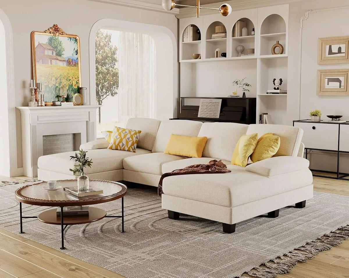 White Linen Sectional Sofa U Shaped 4 Seat Chaise Couch from PriceLows™