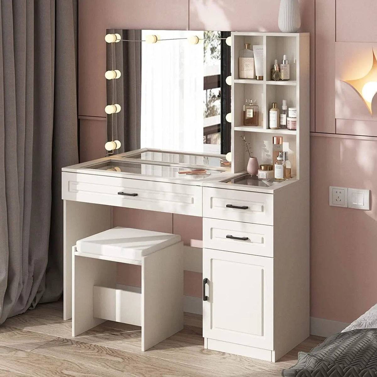 White Luxury Vanity Desk With Lighted Hollywood Mirror from PriceLows™