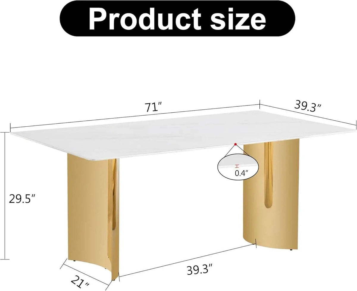 White Marble Dining Table 71 Inch Glass Top Gold Base from PriceLows™