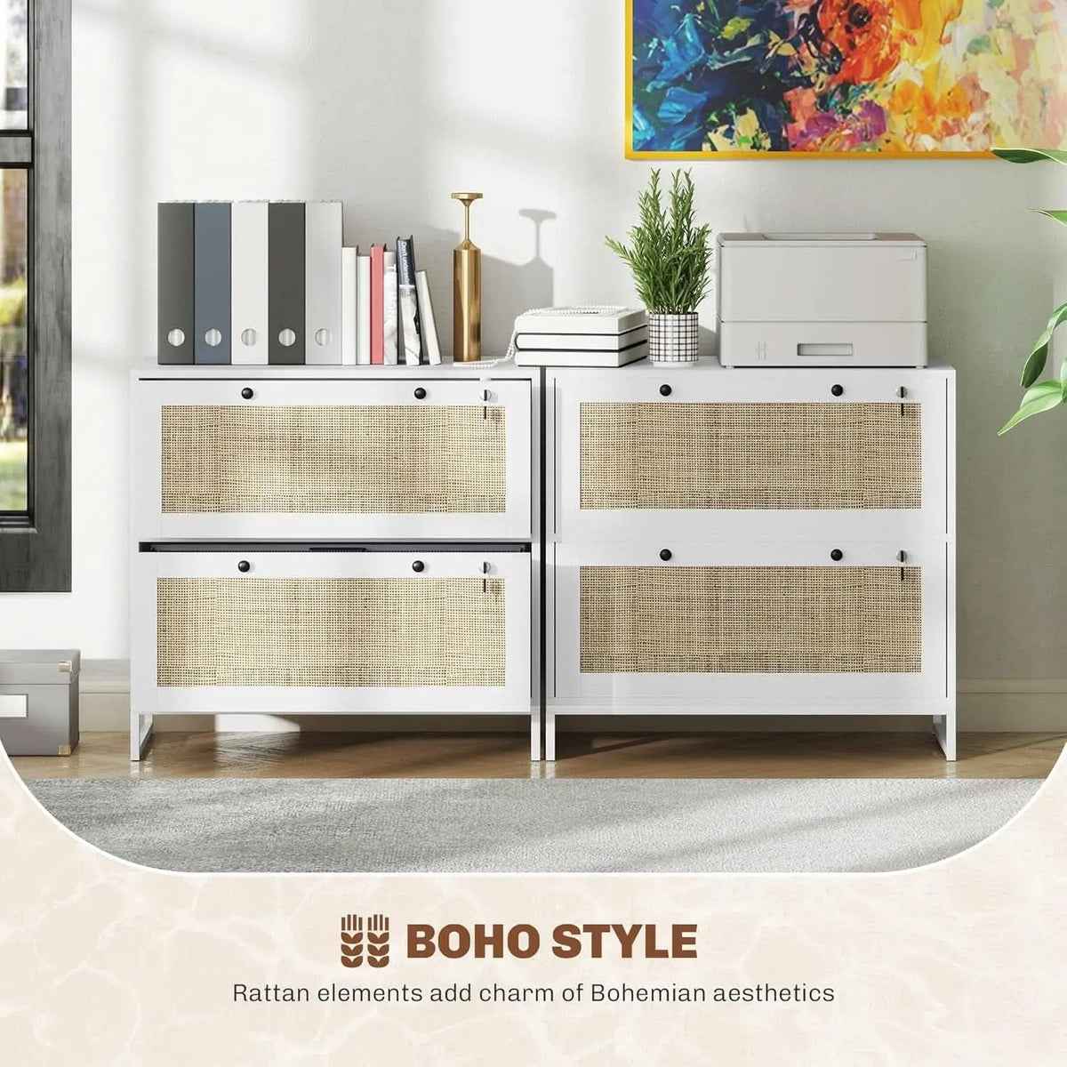 White Rattan 2 Drawer Locking Lateral File Cabinet from PriceLows™