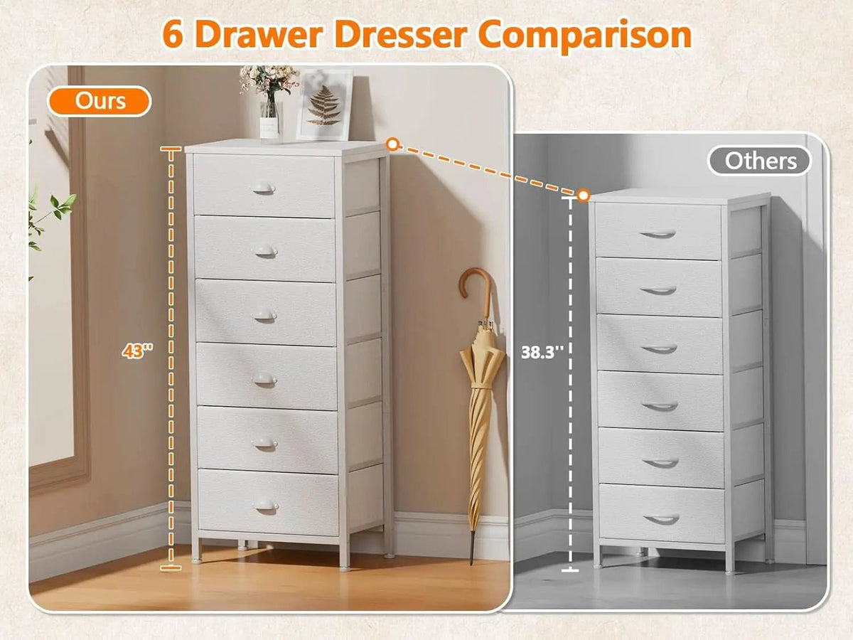 White Tall Dresser With Six Fabric Drawers For Organization from PriceLows™