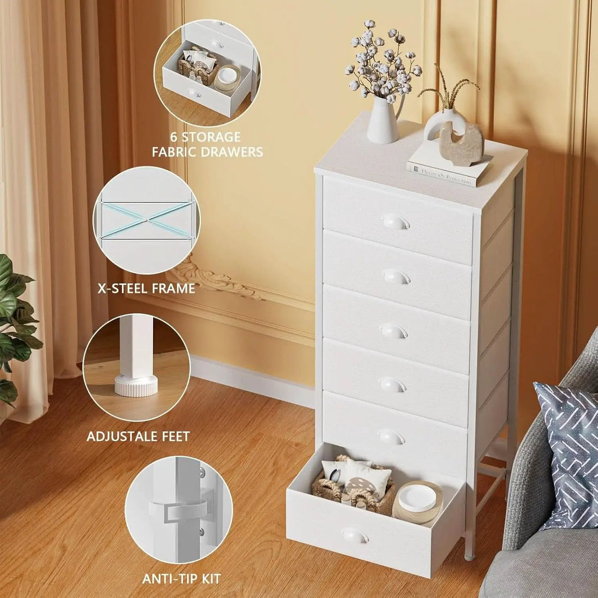 White Tall Dresser With Six Fabric Drawers For Organization from PriceLows™