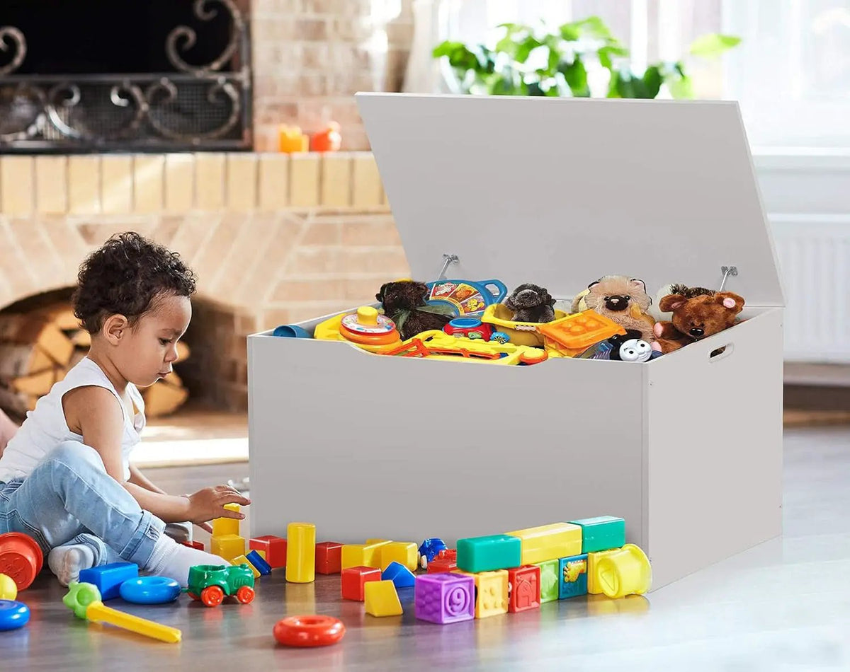 White Toy Storage Chest Bench FourCubicFeet FlipTopLid from PriceLows™
