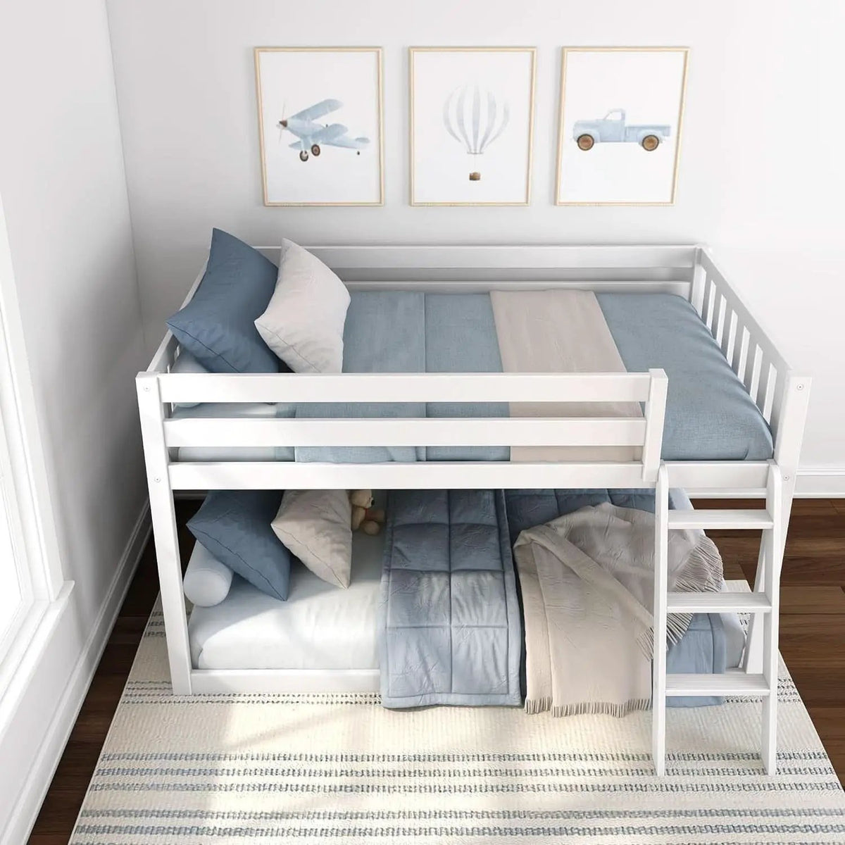 White Twin Low Bunk Bed Solid Wood Frame For Kids Safe from PriceLows™