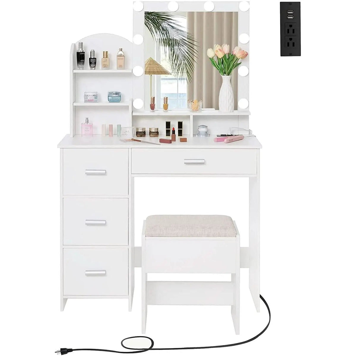 White Vanity Desk With Lighted Mirror And Charging Station from PriceLows™