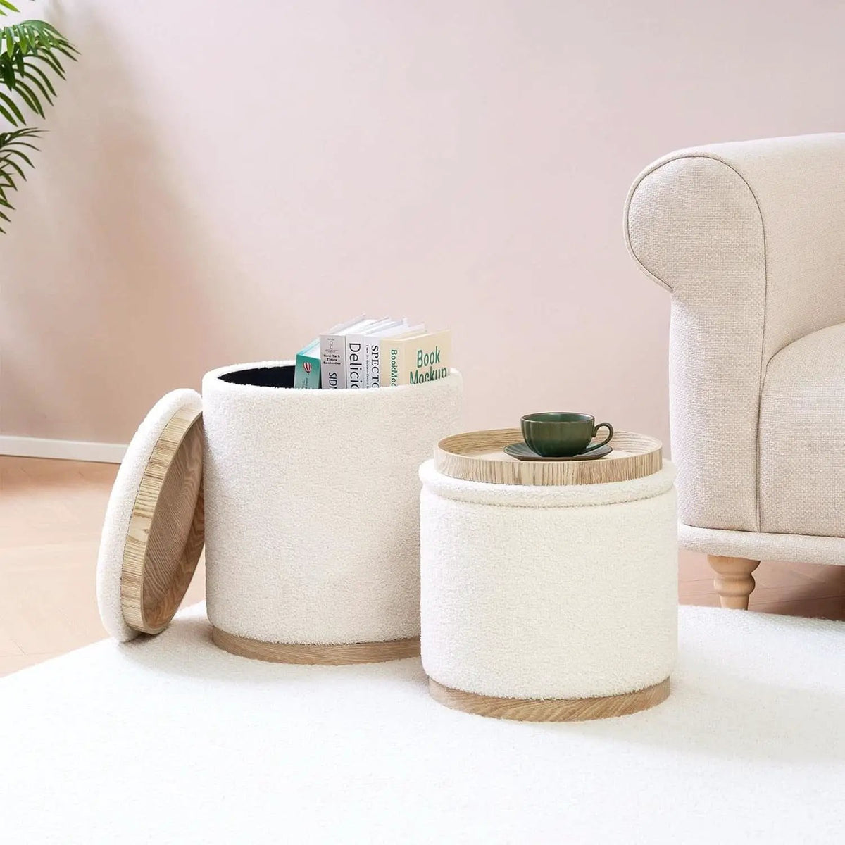 White Velvet Round Storage Ottoman FifteenInches Compact from PriceLows™