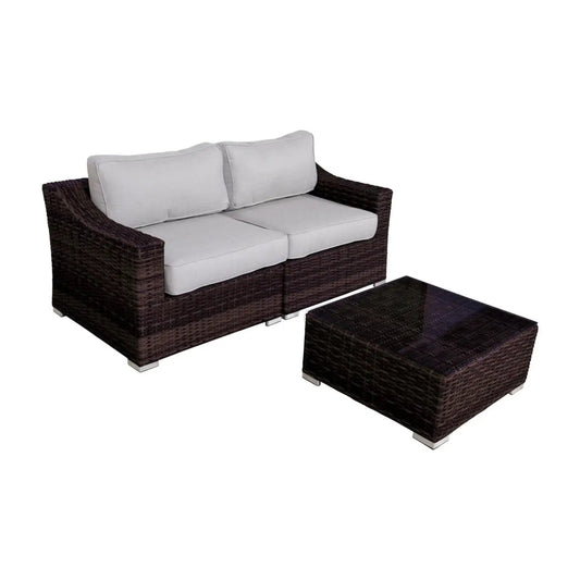 Wicker 2 Person Conversation Set, Durable Outdoor Seating With Cushions Mix Brown Mix | 2 Piece Outdoor Set | Wicker & Tempered Glass | Outdoor Living