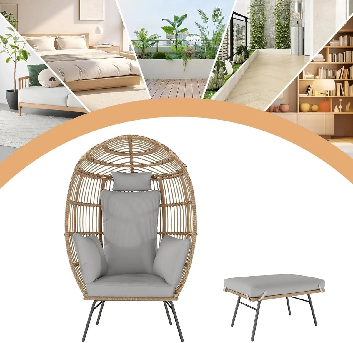Wicker Egg Chair with Ottoman, Waterproof UV Resistant Patio Lounge Chair with Cushions, Accent Furniture for Garden, Balcony from PriceLows™