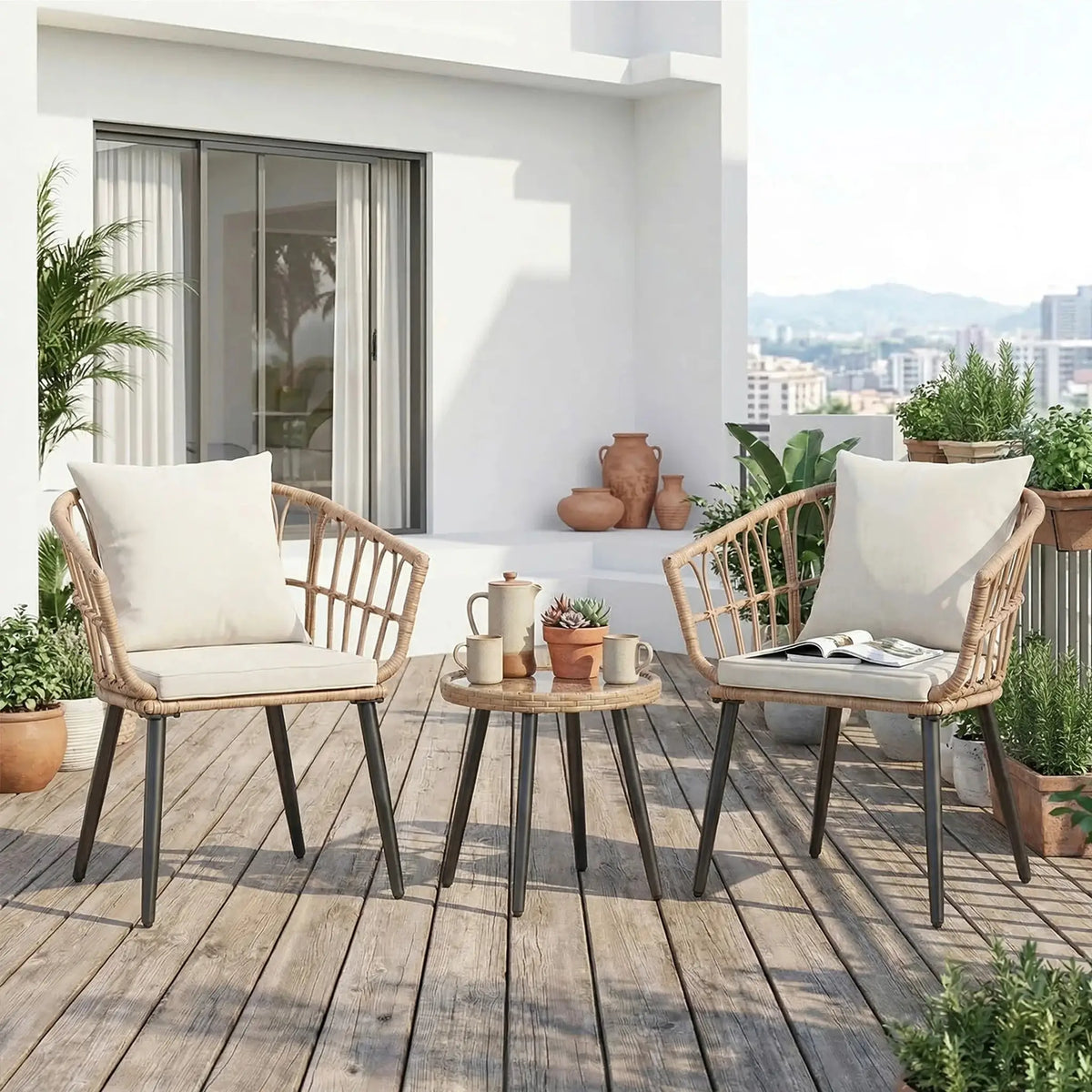 JHK 3 Pieces Wicker Patio Outdoor Set with Soft Cushion and Glass Steel Frame Table Manual Weaving Patio Chairs For Garden Lawn from PriceLows™