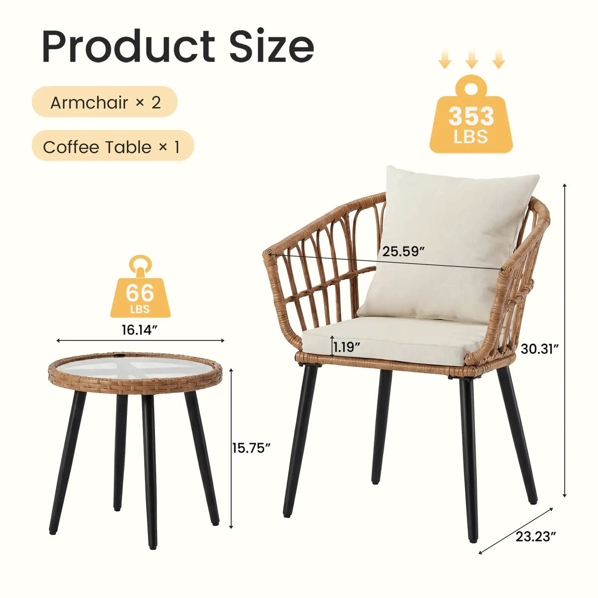 JHK 3 Pieces Wicker Patio Outdoor Set with Soft Cushion and Glass Steel Frame Table Manual Weaving Patio Chairs For Garden Lawn from PriceLows™