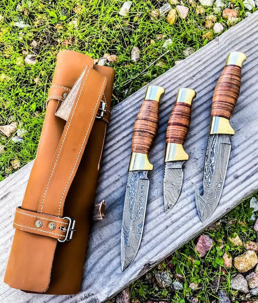 Wilderness Trio: 3 Piece Hunting Knives Set with Damascus Steel Blades, Stacked | 3-Piece | Damascus Steel | Hunting & Survival Knife