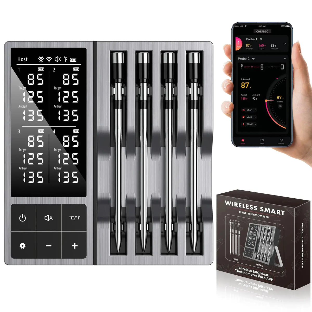 Wireless Meat Thermometer, Instant Read Digital Grill Food Thermometer, 4 X 0.19In Dual Sensor Probe, 5.2 Bluetooth, 800ft Smart from PriceLows™