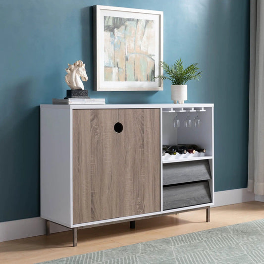 Wooden Display Rack, Cabinet With Drawer, Holds 6 Wine Glass White / Dark | 47.25 x 15.5 x 33.75 in | Glass & Metal | Taupe