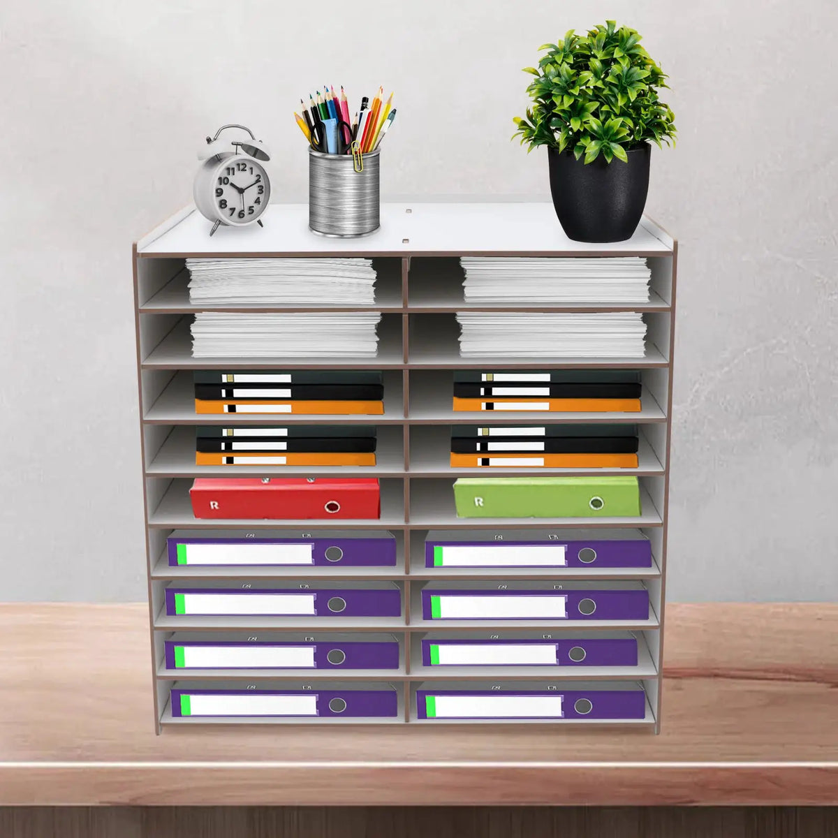 9-Tier Wooden Mail Sorter,18 Compartment Vertical File Organizer,Desktop Literature Magazine Storage Rack,Paper Tray for Office from PriceLows™