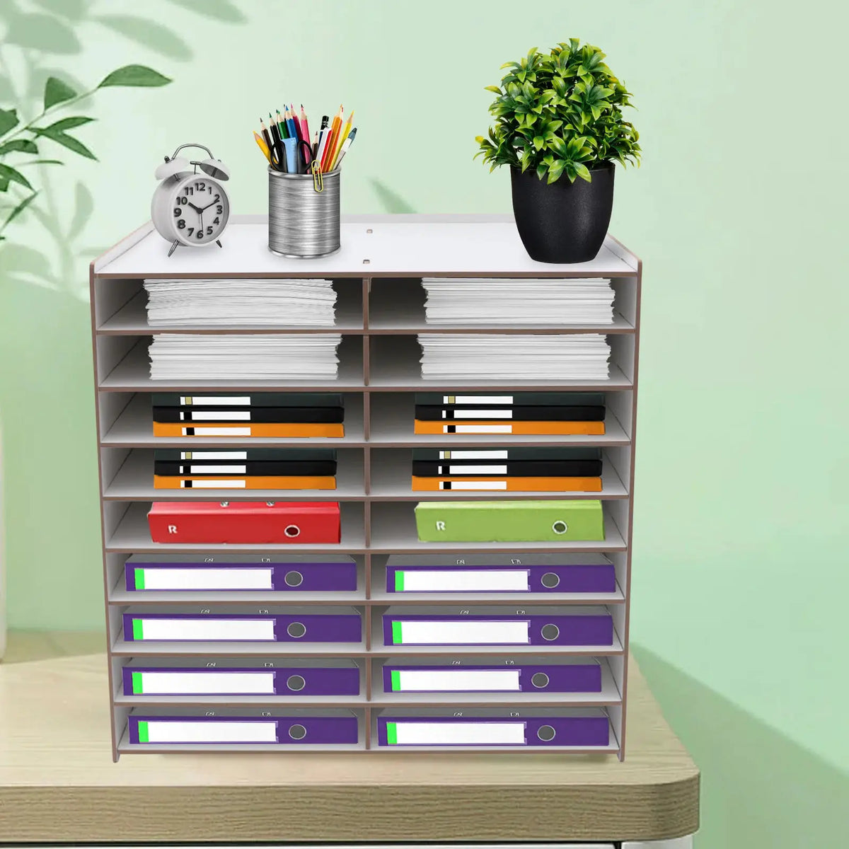 9-Tier Wooden Mail Sorter,18 Compartment Vertical File Organizer,Desktop Literature Magazine Storage Rack,Paper Tray for Office from PriceLows™