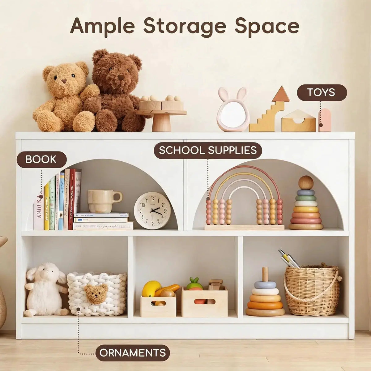 2-Shelf Arched Bookcase, Wooden Toy Storage Organizer, 5-Section Kids Bookshelf for Playroom, Nursery, White from PriceLows™