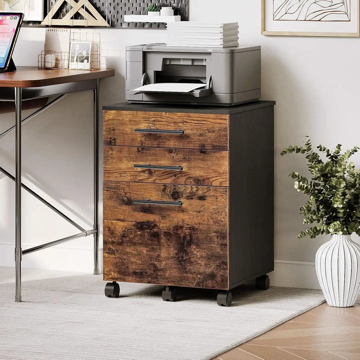 Wooden Three Drawer File Cabinet Under Desk Fits A4 Letter Size Rustic Brown Black Finish With Rolling Storage from PriceLows™