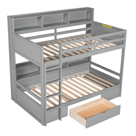Wooden Twin Bunk Bed | Built-In Shelves | Storage Drawer