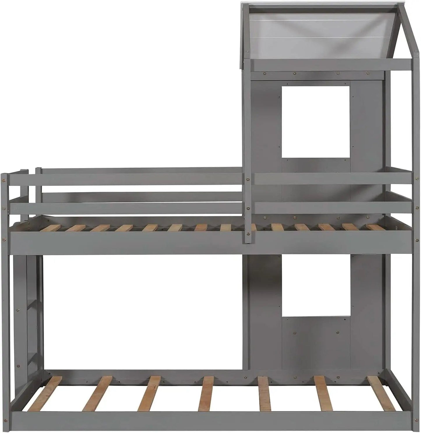 Twin Over Twin House Bunk Bed With Roof And Ladders Grey from PriceLows™