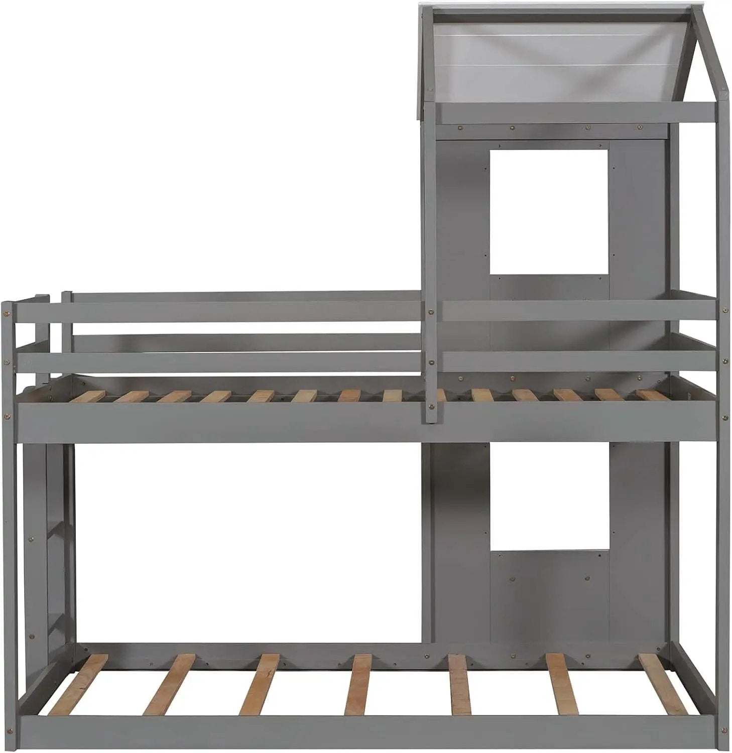 Twin Over Twin House Bunk Bed With Roof And Ladders Grey from PriceLows™