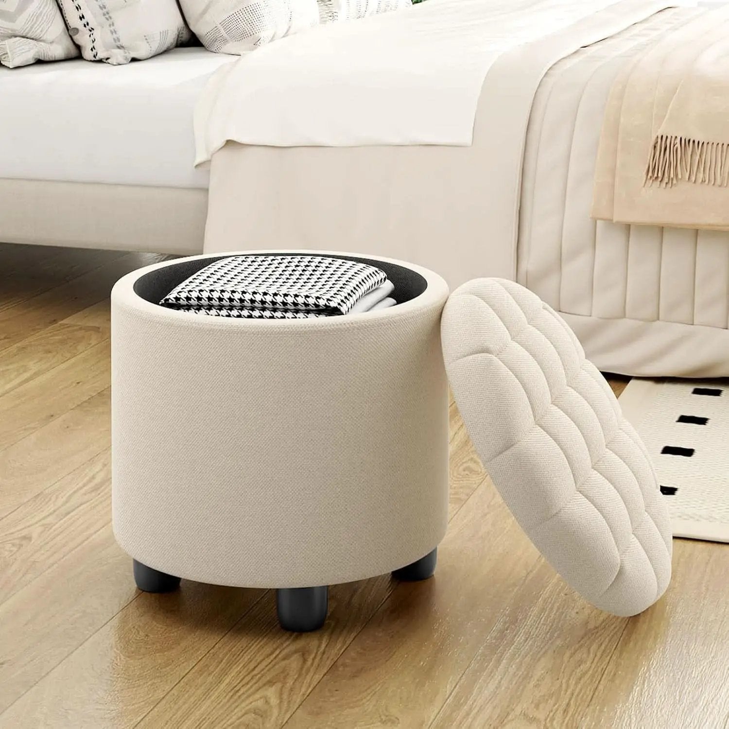 Beige Round Storage Ottoman Featuring Removable Lid from PriceLows™