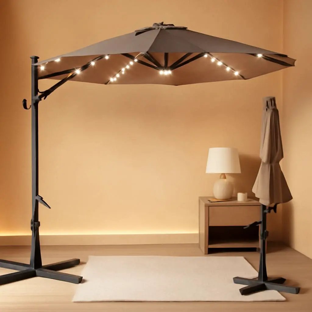 10 Foot Solar LED Cantilever Patio Umbrella With Lights Cross Base For Outdoor Use from PriceLows™