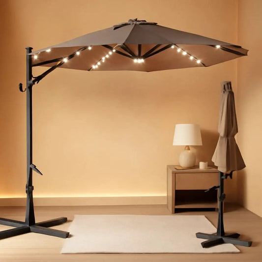 10 Foot Solar LED Cantilever Patio Umbrella With Lights Cross Base For Outdoor Use from PriceLows™