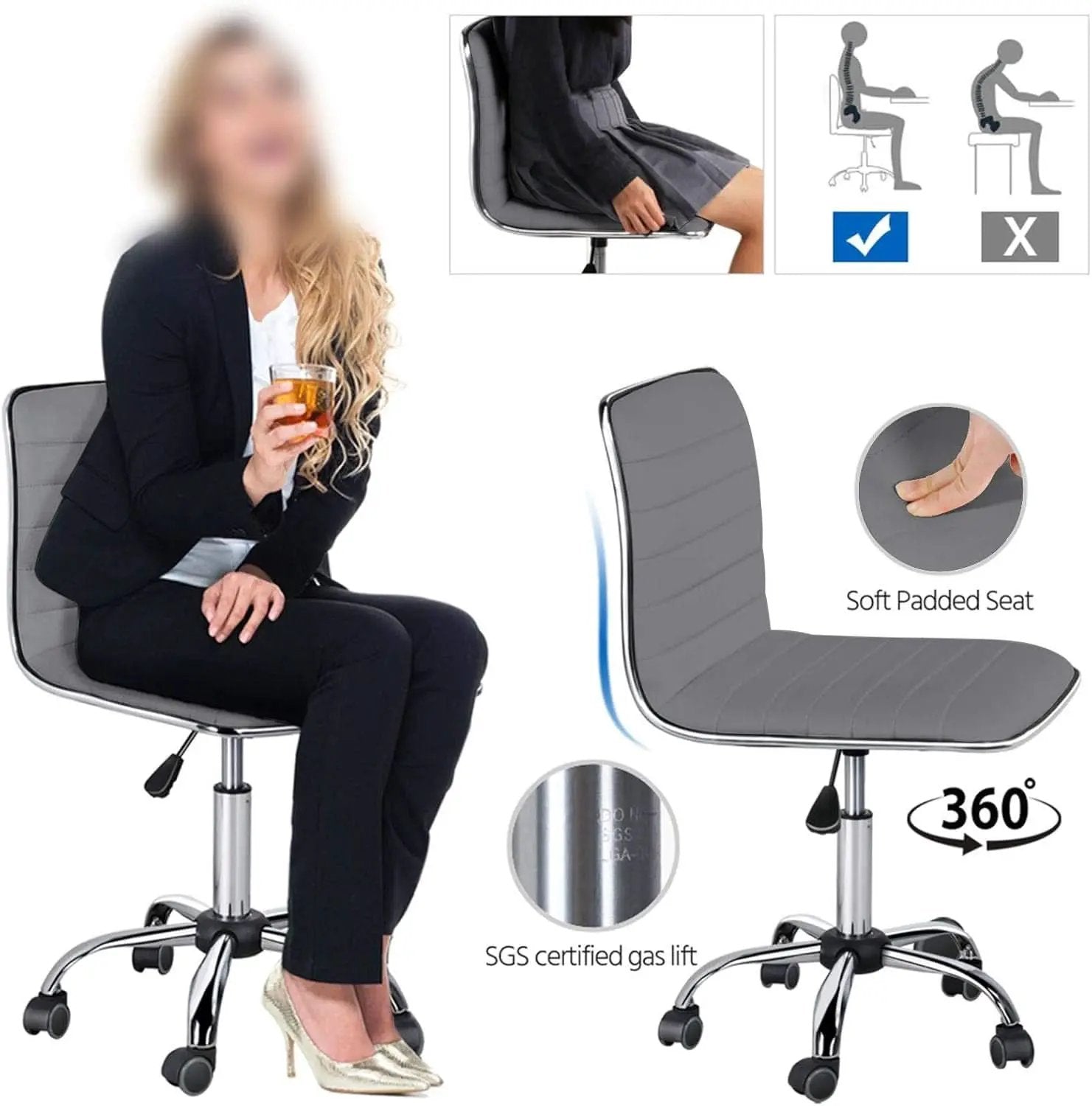 Grey PU Leather Armless Office Chair Height Adjustment from PriceLows™