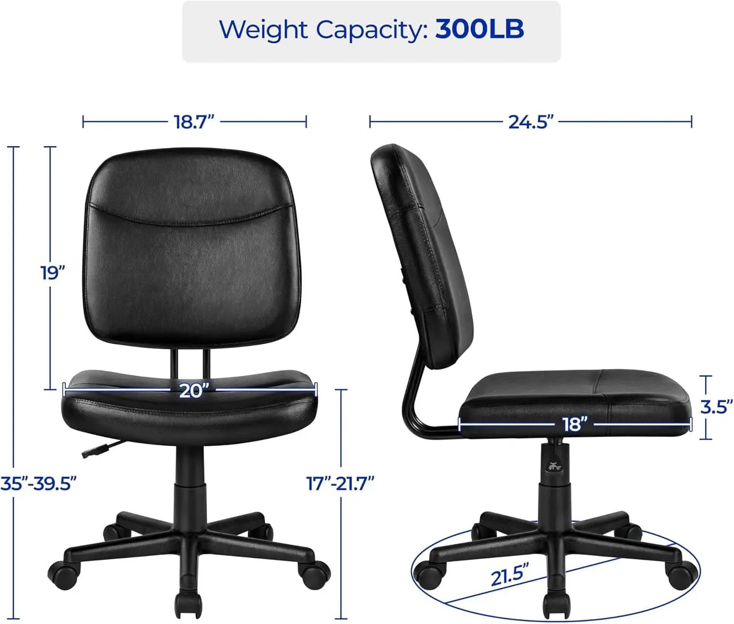 Armless Ergonomic Office Chair Black PU Leather Swivel from PriceLows™