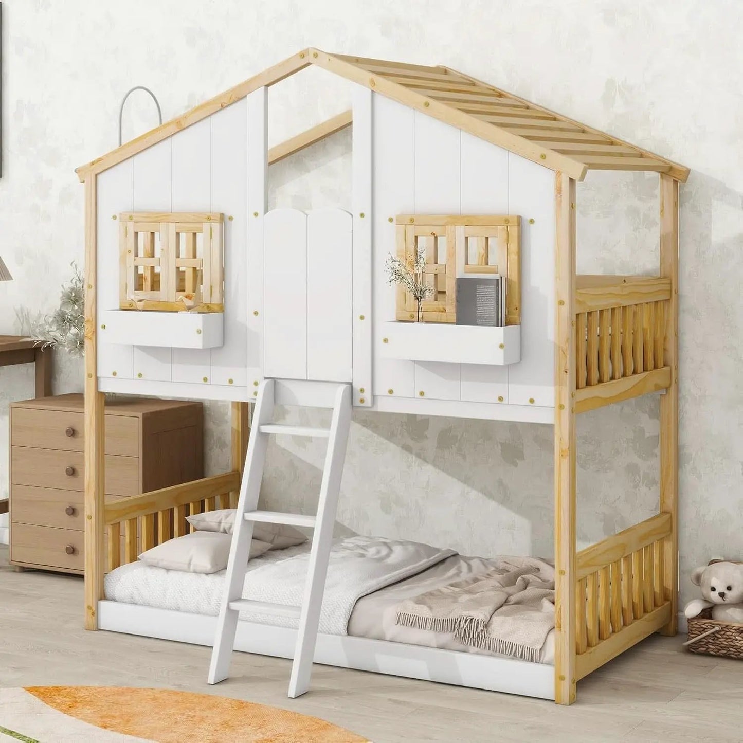 Natural Wood Twin Over Twin House Bunk Bed With Roof from PriceLows™