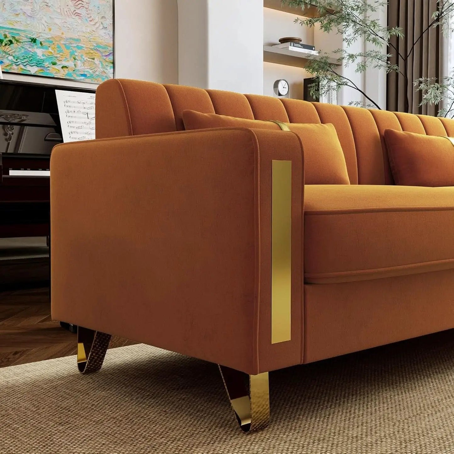 2 Piece Orange Velvet Loveseat Couch Set With Gold Metal Legs 86 Inch Living Room Sofa With 4 Pillows from PriceLows™