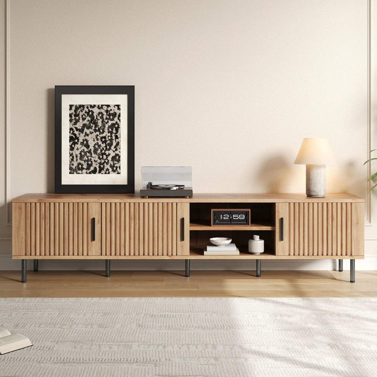 78 Inch TV Stand | Fits TVs Up To 85 Inch | Closed Storage | Vertical Groove Panels