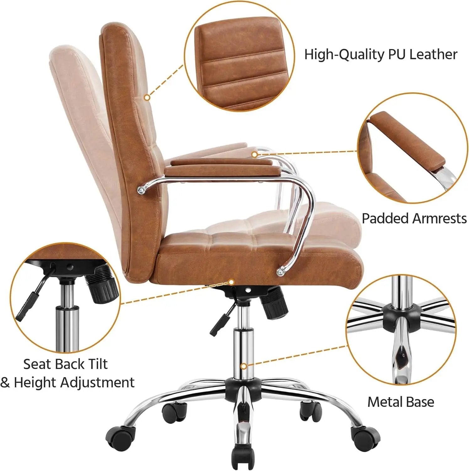Mid Back Office Chair With Arms Brown Height Adjustable from PriceLows™