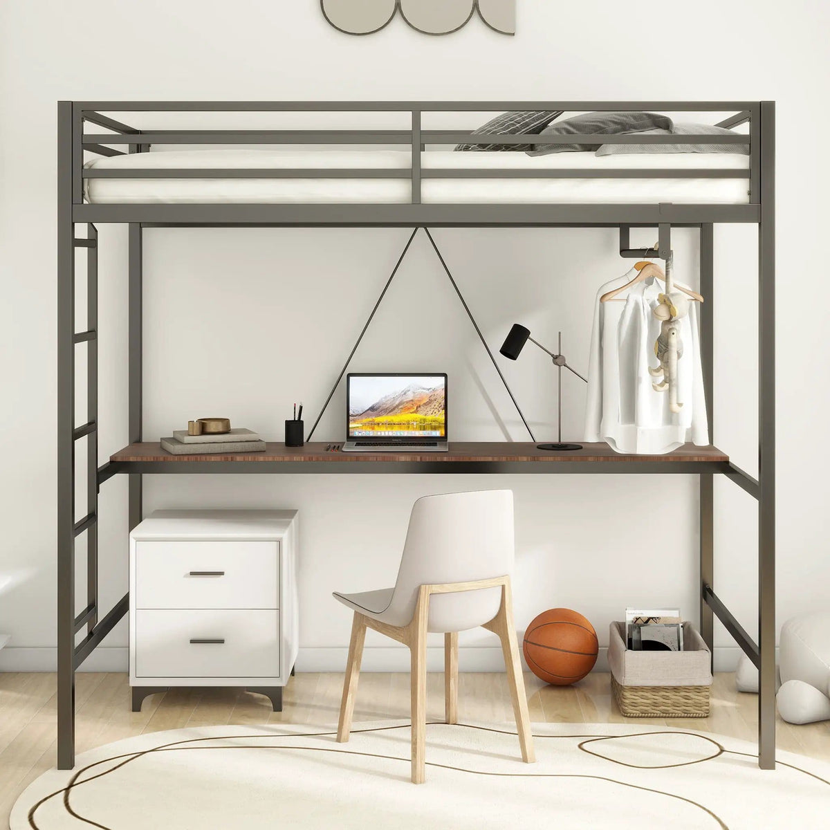 Adam Twin Loft Bunk Bed With Cinnamon Wood Desk And Closet Rod | 76.69 x 40.94 x 72.01 in | Metal & Wood | Black